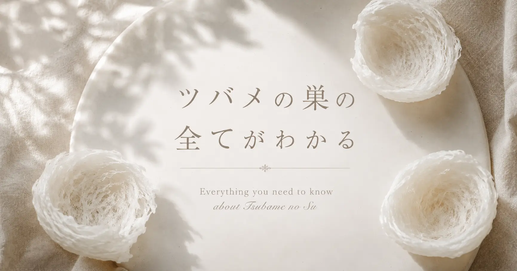 白い皿の上に並べられた3つのツバメの巣と、やわらかな葉影